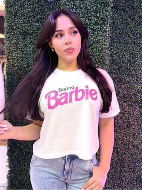 White Crop Top with Pink 'Barbie' Graphic - Casual Women’s Tee